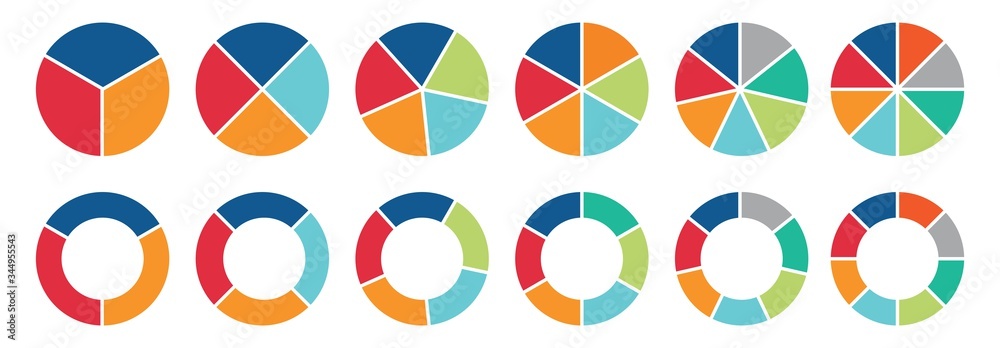 Pie chart set, Circle icons for infographic. Colorful diagram collection with  ,3,4,5,6,7,8 sections and steps. Pie chart for data analysis, business presentation, UI, web design. Vector illustration. - obrazy, fototapety, plakaty 