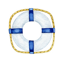 Watercolor Blue White Lifebuoy, Safety Ring With Rope Isolated On White Background. Nautical Illustration, Rescue Equipment. Hand Drawn Summer Sea Element For Marine Design Print, Scrapbooking.