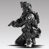 Vector Policeman Tactical Shoot Illustration. Armed police military preparing to shoot with automatic Gun.