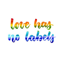 Wall Mural - Love has no labels - handwritten modern watercolor calligraphy lettering text. Rainbow colors, multicolored. Inspirational and motivational hand drawn gay pride quote.