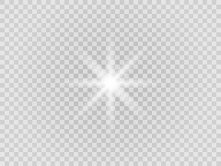 Vector png glowing light effect. Shine, glare, flare, flash illustration. White star on transparent 