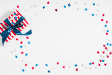 4th Of July American Independence Day. Happy Independence Day, Decorations On White Background. Flat Lay, Top View, Copy Space