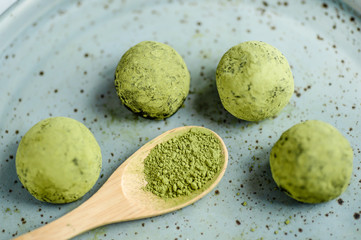 Matcha green tea powder energy balls top view