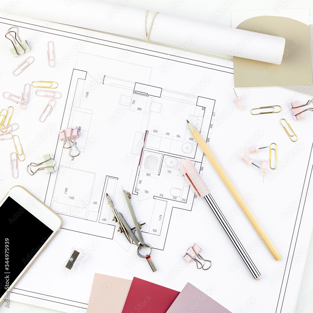 Interior designer table workplace with house plan Stock Photo | Adobe Stock