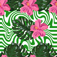 Naklejka na meble Seamless pattern with tropical orchid and hibiscus flowers, palm, monstera leaves on striped background.