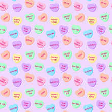 Candy Hearts Seamless Pattern - Pastel Rainbow Conversation Heart Candy Design For Valentine's Day	