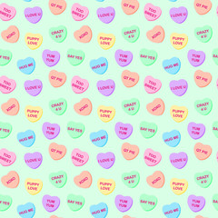 Wall Mural - Candy Hearts Seamless Pattern - Pastel rainbow conversation heart candy design for Valentine's Day	