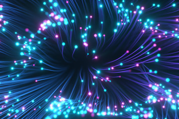 Wall Mural - Fiber optic wires with flashing signals. Digital data transmission via fiber optic cable. Top view of colored optical fibers with bokeh. Technology concept. 3d illustration