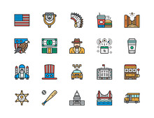 Set Of American Culture Color Line Icons. Bald Eagle, Cowboys, Casino And More.