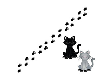 Wall Mural - Illustrated black and grey cats with trail of kitty paws on white with copyspace.
