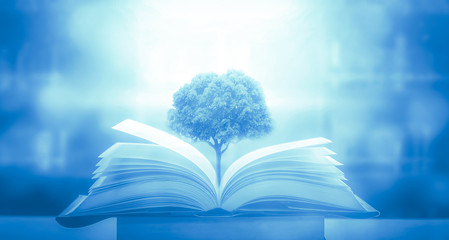 Poster - stack of books in the library and blur bookshelf background