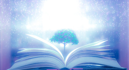 Poster - the concept of education by planting a tree of knowledge in the opening of an old book in the librar