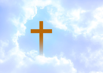 Wall Mural - Christian cross appeared bright in the sky with soft fluffy clouds, white, beautiful colors. With the light shining as hope, love and freedom in the sky background