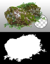 Cut Out Mossy Rocks. Ancient Boulder With Moss Isolated On Transparent Background Via An Alpha Channel. Large Stone Covered By Ivy. High Quality Clipping Mask For Professional Composition.
