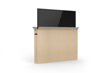 LED tv with heavy duty cardboard box packaging for branding, 3d render illustration.