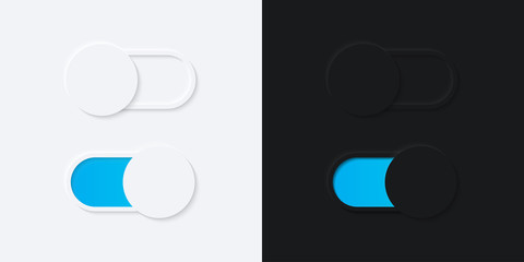 Minimalist Switch Button in Neumorphism Design. White and Black. Simple, modern and elegant. Smooth & soft 3D user interface. Light mode and Dark Mode. For website or apps design. Vector Illustration.