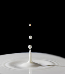 3 Drops of milk fell into a glass full of milk, creating ripples.