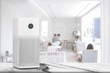 Air purifier in white workplace room with filter for cleaner removing fine dust PM2.5