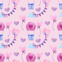 Watercolor seamless pattern with love, hearts,clouds. Perfect for wrapping paper, card making for Valentines day