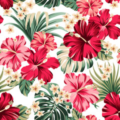 seamless pattern Exotic hawaiian tropical flowers on white background  artwork for fabrics, souvenirs, packaging, greeting cards and scrapbooking