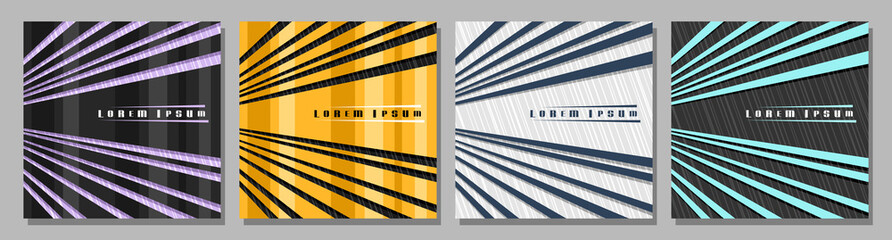 Wall Mural - Vector square Covers with Rays, 4 layouts with decorative design rays with copy space for ad text, trendy cover templates for presentation, dark rays concepts on colorful striped background.
