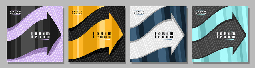 Wall Mural - Vector square Covers with Arrows, 4 layouts with right design decorative arrows with copy space for ad text, trendy cover templates for presentation, arrow concepts on colorful striped background.