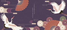 Oriental Japanese Style Abstract Pattern Background Design Daisy Flower Folding Fan And Bird Crane