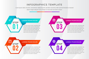 Poster - Four colorful separate hexagonal elements with diagonal shape for title and numbers inside. Concept of polygon stage diagram. Modern infographics design template. Vector for presentation, report.