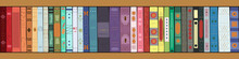 Wooden Bookcase With Books. Bookshelves With Multicolored Books. Vector Illustration In Flat Style. Horizontal Banner