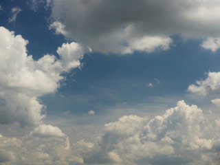 Wall Mural - Clear blue sky with cumulus and cirrus clouds. Sunny weather. Joyful mood. High pressure. Clean air ecology. Water in a gaseous state. The source of rain and hail. Weather prediction