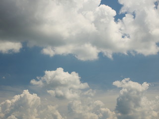 Wall Mural - Clear blue sky with cumulus and cirrus clouds. Sunny weather. Joyful mood. High pressure. Clean air ecology. Water in a gaseous state. The source of rain and hail. Weather prediction