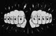 © paul_craft - Two front view fists with fight club caption tattoo on fingers. Fighting club concept illustration for poster design or t-shirt design. Vintage styled vector illustration