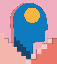 Insomnia, Psychology Mental Health Concept Illustration With Human Head Silhouette As Doorway And Abstract Architecture Stairways. Minimalist Trendy Flat Styled Vector Illustration.
