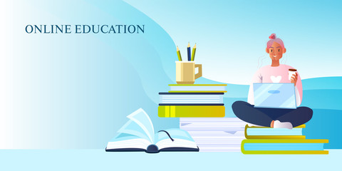 Wall Mural - Online education banner with cheerful young student sitting with laptop in lotus position. E-learning concept with woman, books, papers. Vector illustration in flat style with girl studying at home