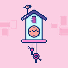 Illustration Of Retro Clock, Filled With Pastel Color. A Clock In The Shape Of A House, With A Swinging Pendulum