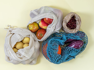 Free plastic shopping. Zero waste bags with fruits and vegetables. top view