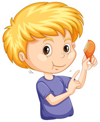 Wall Mural - Cute boy eating fried chicken on white background