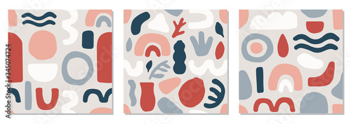 Cuadros en Lienzo Cute set of trendy mid century modern seamless pattern with abstract organic sha