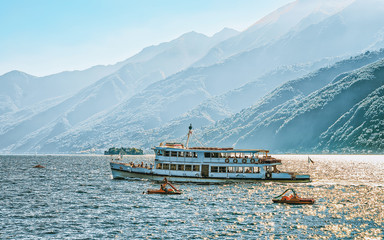 Wall Mural - Excursion ferry at Ascona luxury tourist resort on Lake Maggiore