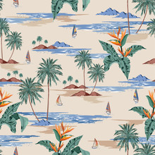 Retro Seamless Tropical Island Pattern On Light Beige Ocean Background. Landscape With Palm Trees,beach And Ocean Vector Hand Drawn Style.Design For Fashion,fabric,web,wallaper,wrapping