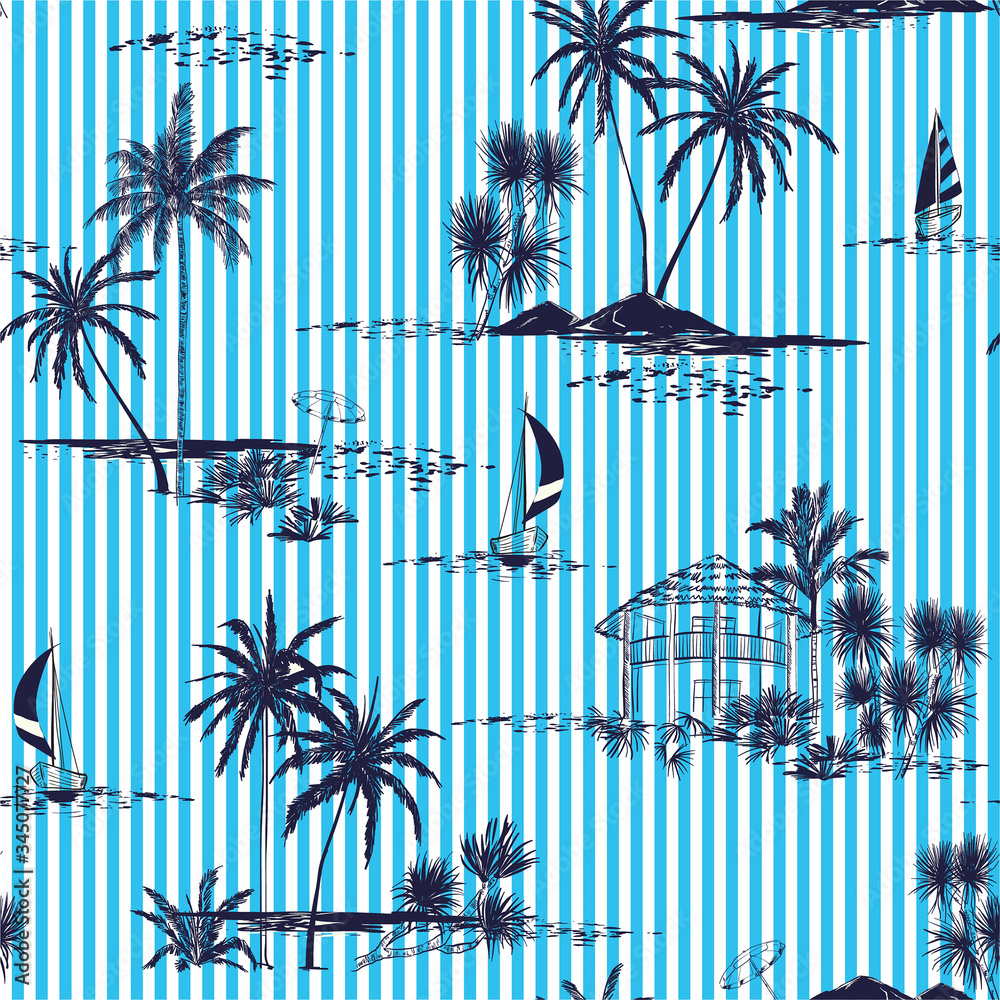 Trendy hand drawn island vector seamless pattern with vertical blue and ...