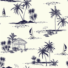 Trendy Hand Drawn Island Vector Seamless Pattern Vintage Mood Wih Sea,sun ,palm Trees, Sailboat ,sky The Summer Mood Illustration.Design For Fashion,fabric,wallpaper
