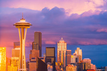 Colorful Seattle City Scape With Cloudy At Sunset,Seattle,Washington,usa.