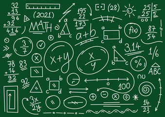 Wall Mural - hand drawn math symbols. math symbols on green background. sketch math symbols