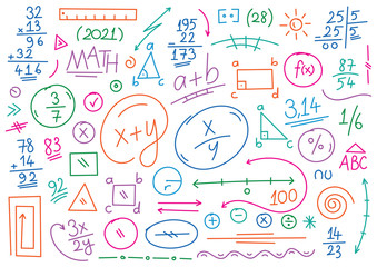 hand drawn math symbols. math symbols on white background. sketch math symbols
