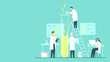 © vernStudio - Vector concept illustration of a team of scientists wearing masks doing research in a chemistry lab. It represents a concept of scientific progress, important discoveries and chemical experiments
