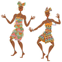 African ritual dance. Two dancing women in traditional costumes ..