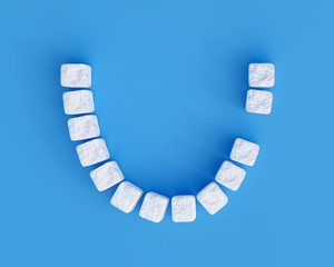 Wall Mural - Teeth made of sugar cubes on blue background, one tooth missing. Sweet tooth dental health care concept. Sugar is the cause of tooth decay. 3d illustration