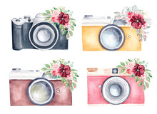 Vintage Retro Photo Camera And Burgundy Flowers Bouquet Watercolor Clipart Set. Hand Drawn Illustration.