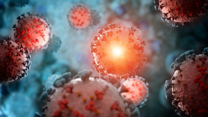 Poster - Microscope close-up of the coronavirus covid-19 disease. 2019-nCoV spreading in body. 3D rendering of the bacteria on a microscopic level.